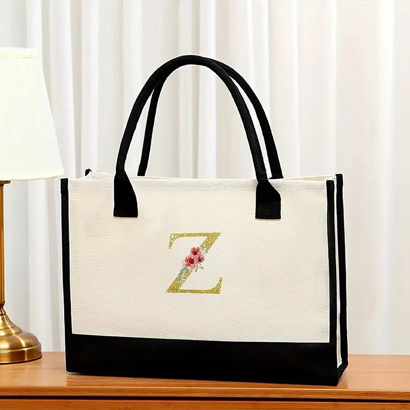 Canvas Gold Letter Fashion Tote Bag | Trendy Metallic Initial Handbag | Large Capacity Canvas Shopping Bag & Daily Satchel for Women Luxegan