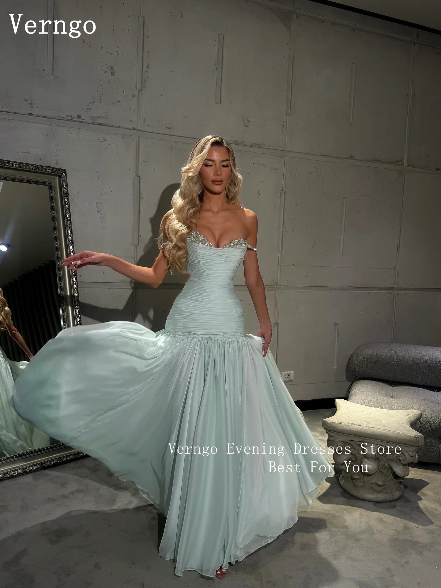Verngo Blue Chiffon Evening Dress Off The Shoulder Mermaid Party Dresses Appliques Prom Dresses 2026Customized شارون سعيد