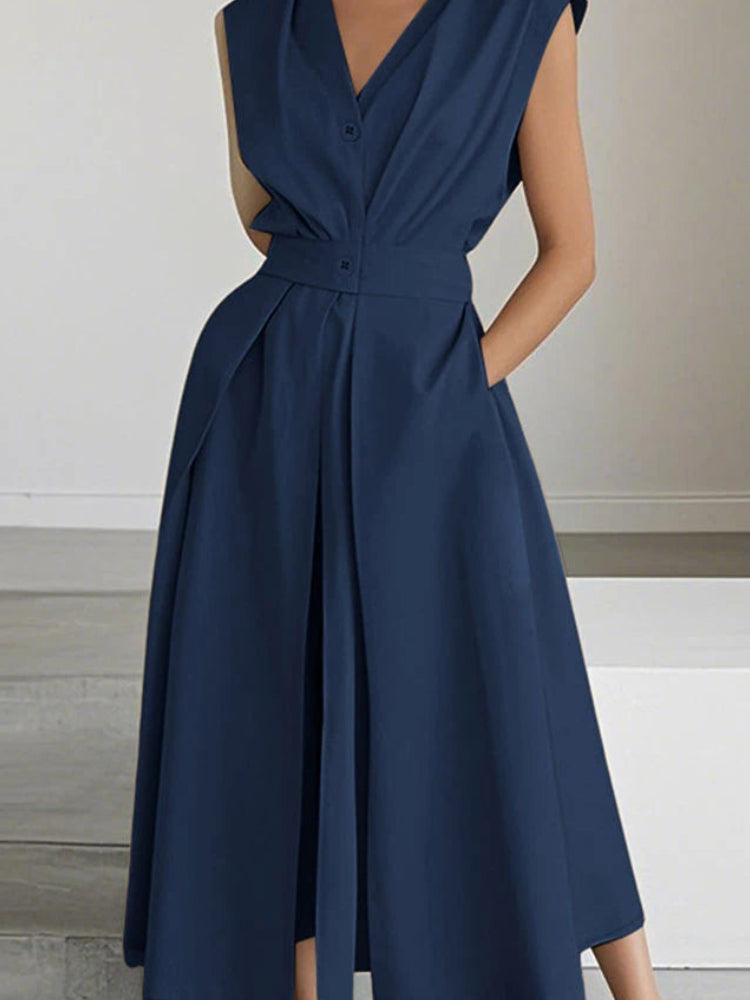 Solid Turn-Down Collar Short Sleeve Regular Fit A-Line Ankle-Length Dress – Polyester, Empire Waist, Summer Luxegan