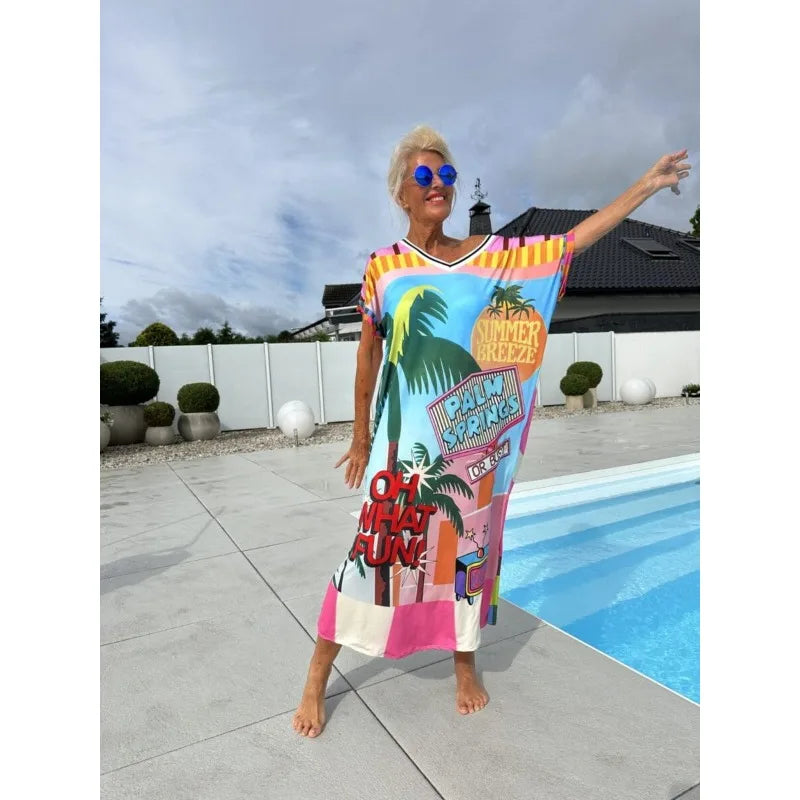 Women's European and American Vacation Long Dress | Elegant Temperament V-Neck Short-Sleeve Midi Purse | Casual Side-Split Printed A-Line Dress | Premium All-Season Pullover Model YMF6624 Luxegan