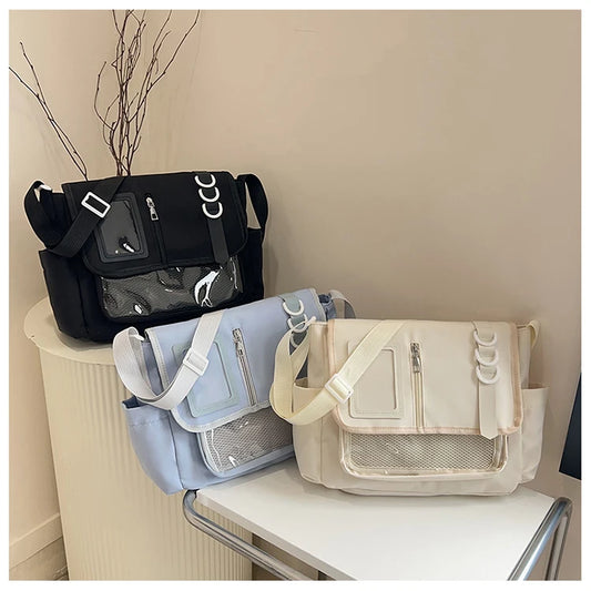 New Y2K Japanese Harajuku School Bag | Transparent Crossbody Ita Bag for Girls | DIY Badges Display Plate Shoulder Satchel Luxegan