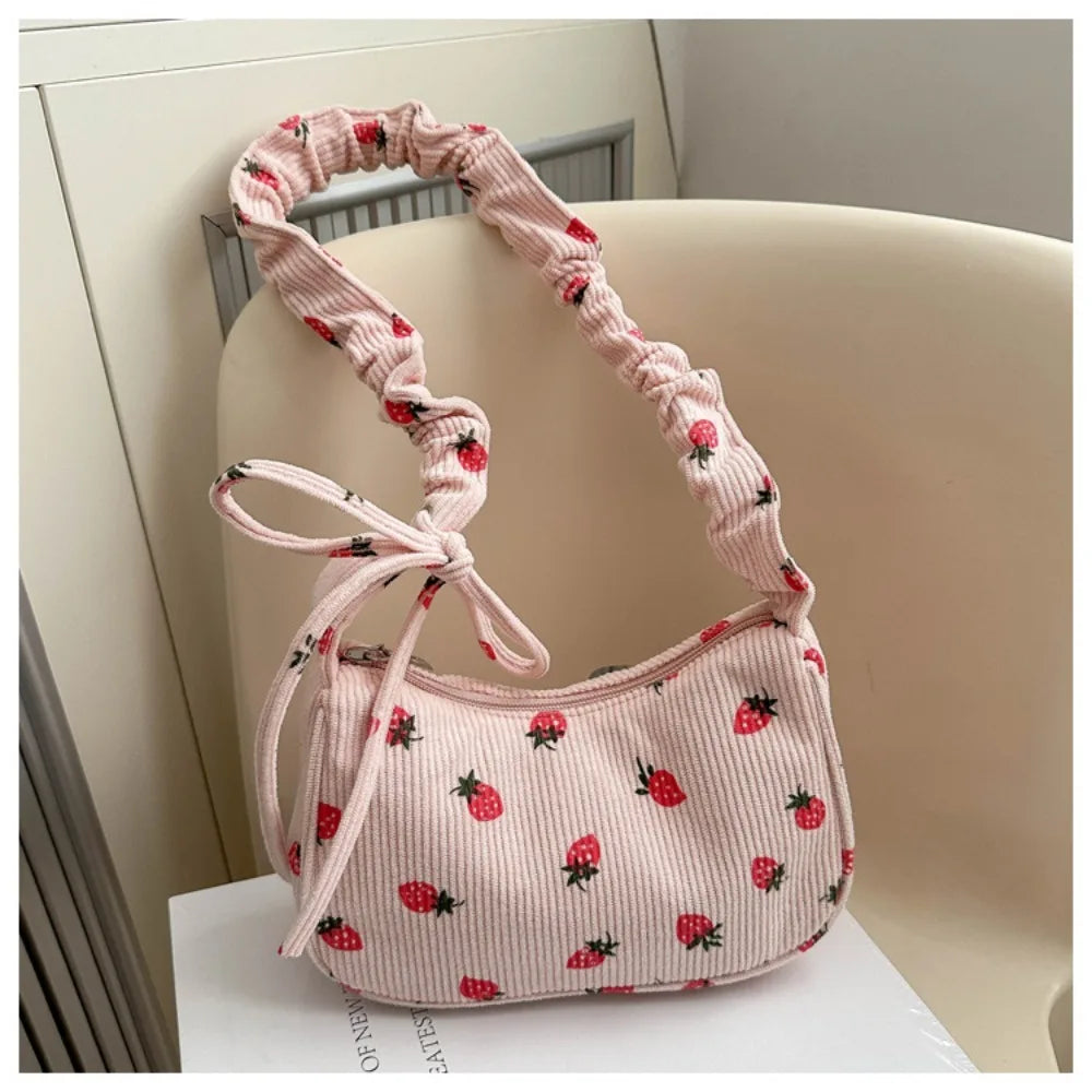 Corduroy Solid Casual Tote | Soft Y2K Strawberry Large Capacity Underarm Bag Luxegan