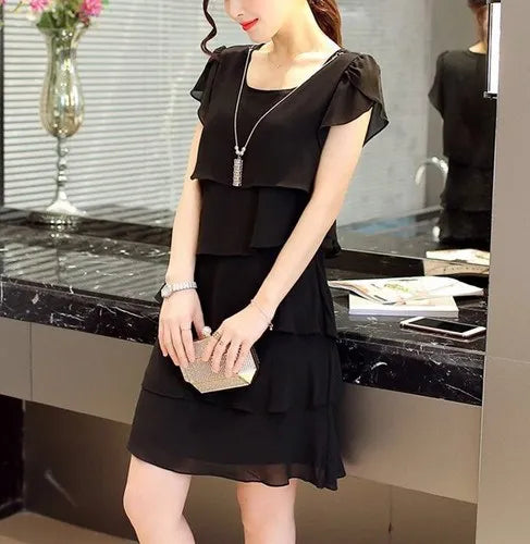 Women's Summer Solid Ruffle Shift Dress | Wave-Cut Short Sleeve Chiffon Sundress | Sweet Knee-Length Regular Fit All-Match Casual Dress Luxegan