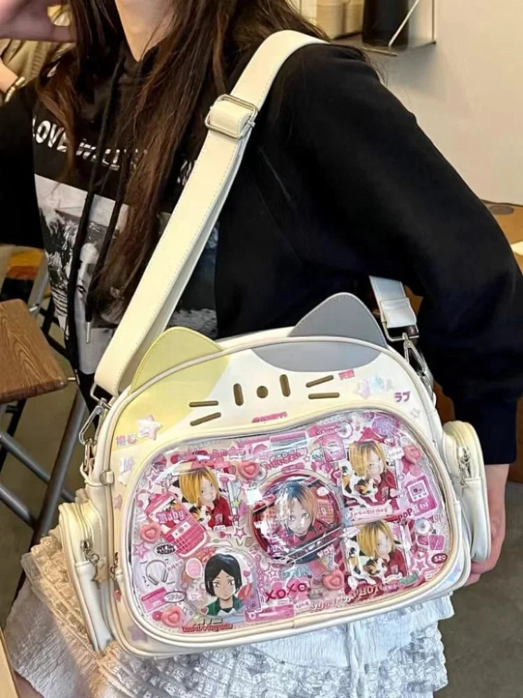 New Y2K Korean Kawaii Cat Ita Bag | Cute Transparent Window PU Shoulder Bag | Harajuku Crossbody & Fashion Backpack for Girls (Model 180) Luxegan