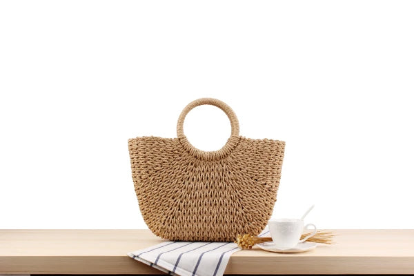 Summer Handmade Moon-Shaped Bag | Women's Woven Straw Bag & Top-Handle Tote Luxegan