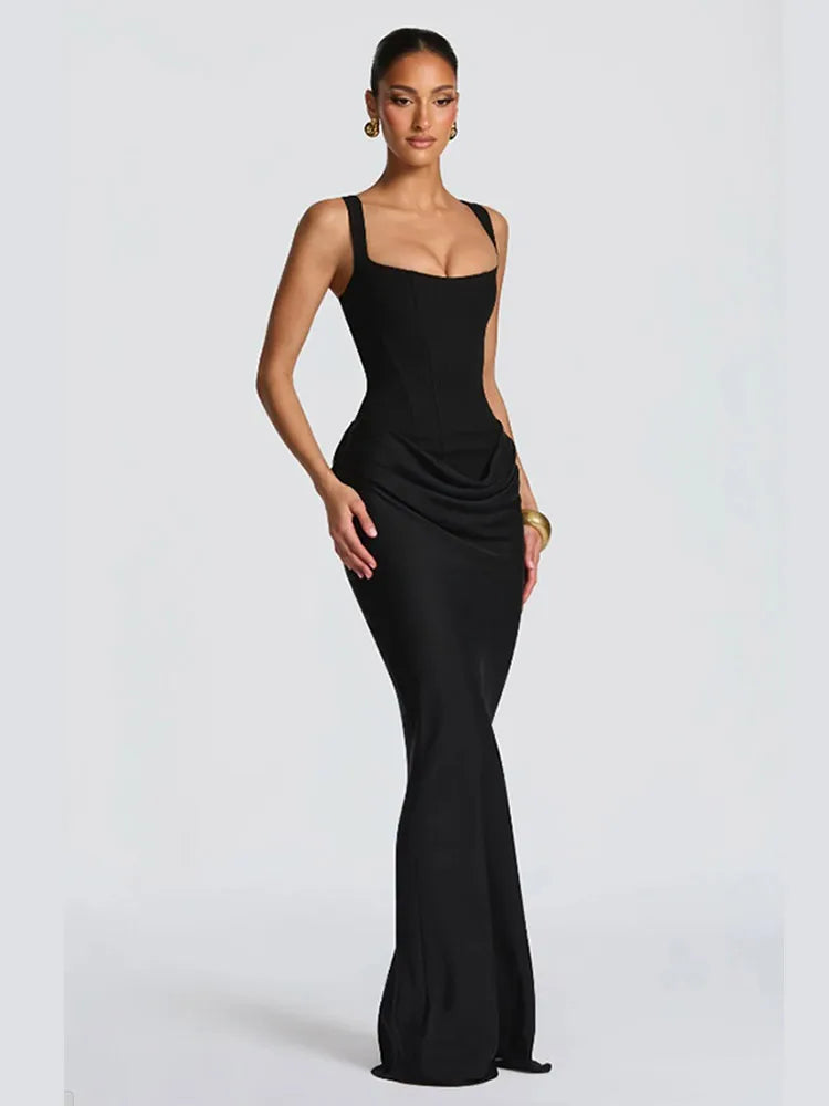Pleated Strapless Off-Shoulder Backless Maxi Gown | High Waist Split Sexy Solid Evening Party Dress Luxegan