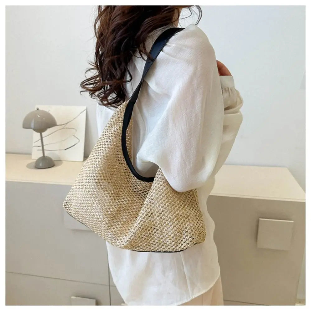 Casual Woven Straw Bucket Bag | Large Capacity Underarm Shoulder Bag | Women’s Fashion Solid Color Tote | Minimalist Summer Weave Handbag Luxegan