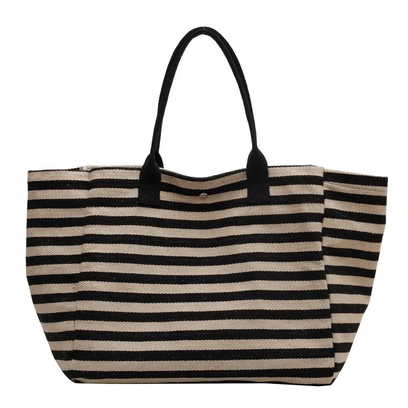Casual Striped Canvas Bag for Women | Large Capacity Shoulder Bag & Daily Shopping Tote (Student Bookbag for School, Travel, Beach) Luxegan