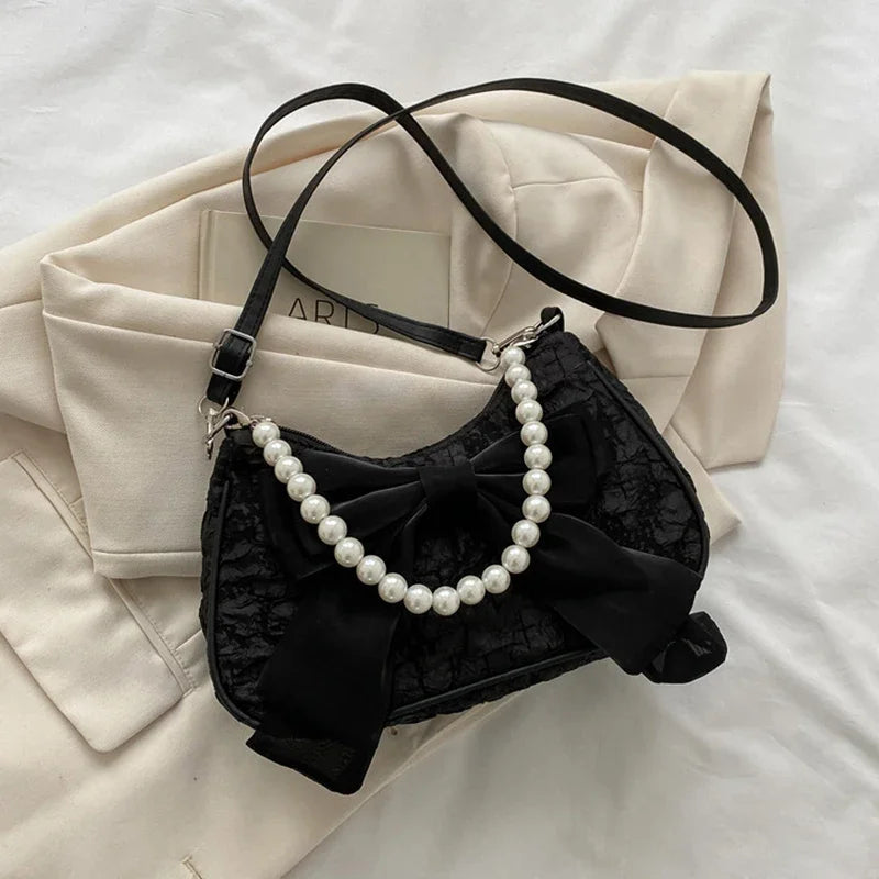White Folds Pop Retro Bow Bag | Female Pearl Handle New Fashion Pearl Armpit Shoulder & Crossbody Bag Luxegan