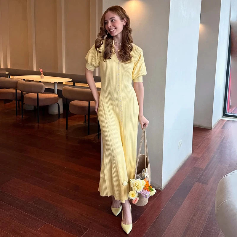 Puff-Sleeve Retro Fashion Cardigan Knit Dress | Sophisticated Turn-Down Collar A-Line Gown | Elegant "Half Sleeve" Silhouette | "Dignified" High-Stretch Sweater Dress for Radiant Versatile Summer Vacation Styling Luxegan