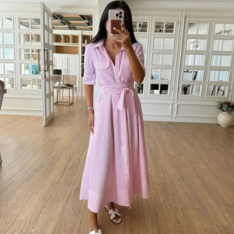 Striped & Solid Turn-Down Collar Half Sleeve Button Single-Breasted Regular Fit A-Line Mid-Calf Dress – Empire Waist, All Season Luxegan