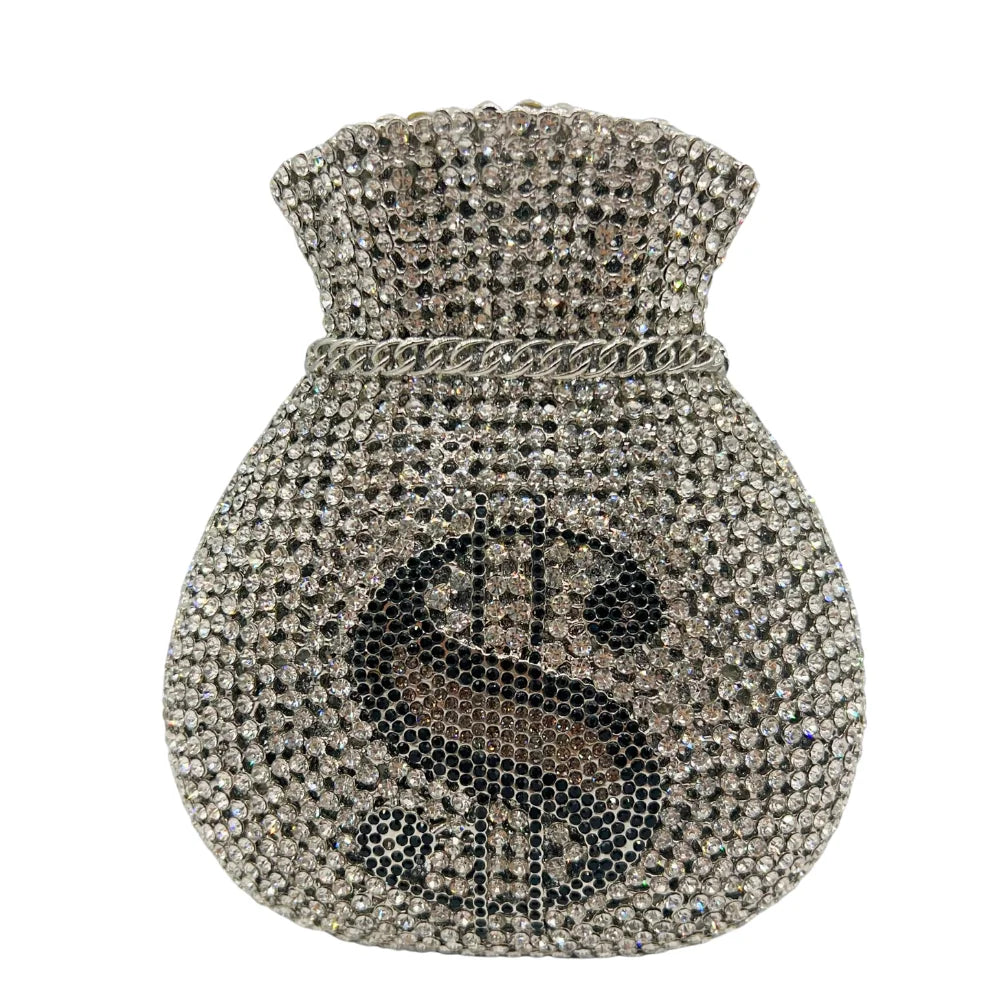 Lucky Coin Drawstring Evening Clutch | Sophisticated Diamond & Sequined Money Bag | Elegant Hollow-Out Gala Purse | "Dignified" Structured Metallic Handbag for High-Fashion Parties Luxegan
