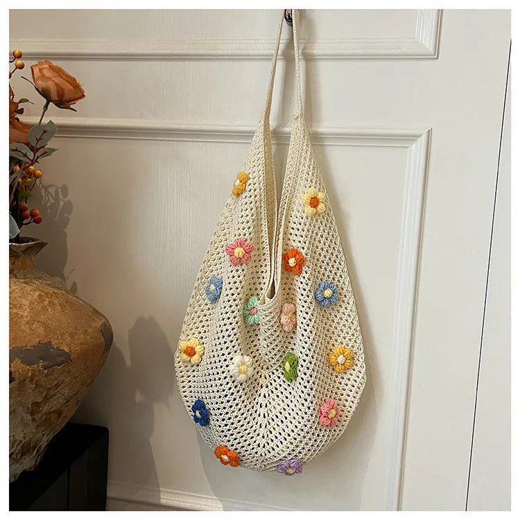 Hollow Mesh Knitted Shoulder Bag | Slouchy Chic Cartoon Beach Tote | Lightweight Laid-Back Woven Handbag | Spring & Summer Versatile Nylon Satchel for Women Luxegan