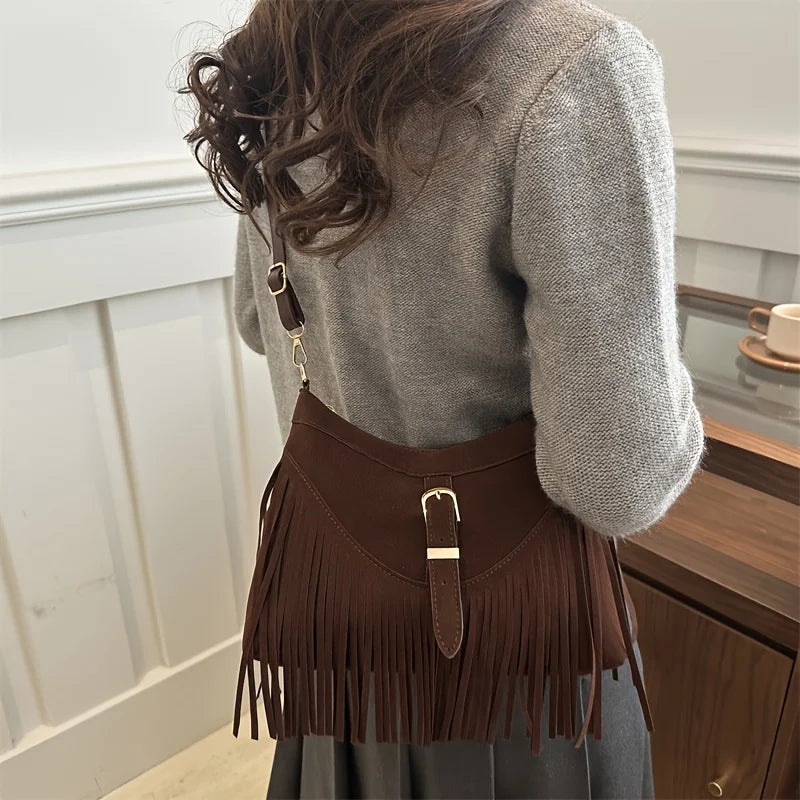 Women’s Vintage Faux Suede Messenger Bag | Western-Style Tassel Crossbody with Sequined Accents | Lightweight Fashion Satchel with Adjustable Detachable Strap Luxegan