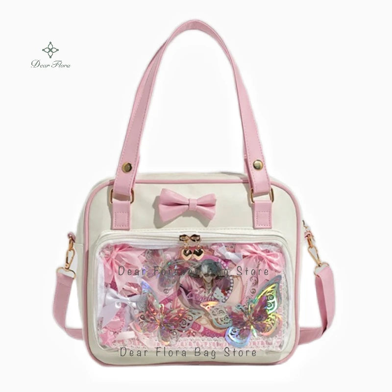 Y2K Cute Bow Ita Bag | Transparent DIY Messenger Bag for Girls | Fashionable Lolita Crossbody & Shoulder Bag | Clear Display Badge Tote for Anime Fans (Model 231) Luxegan