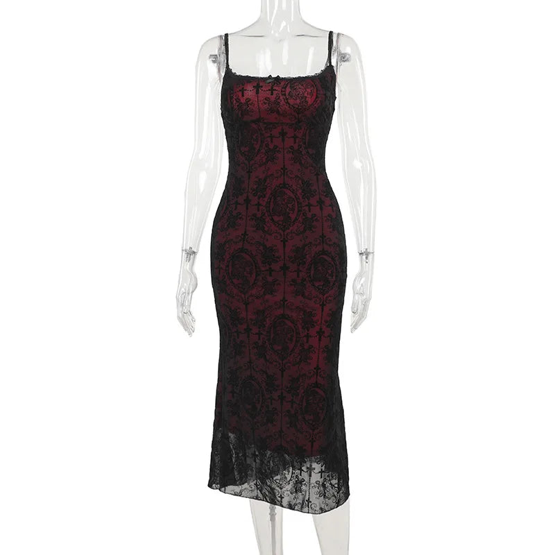 Gothic Sexy Long Fishtail Dress for Women | Vintage Spaghetti Strap Backless Maxi Dress | Premium Ruched Medium-Stretch Slim Fit Vestidos | Elegant Slash Neck Knit Lace Trim Gothic Robe Luxegan