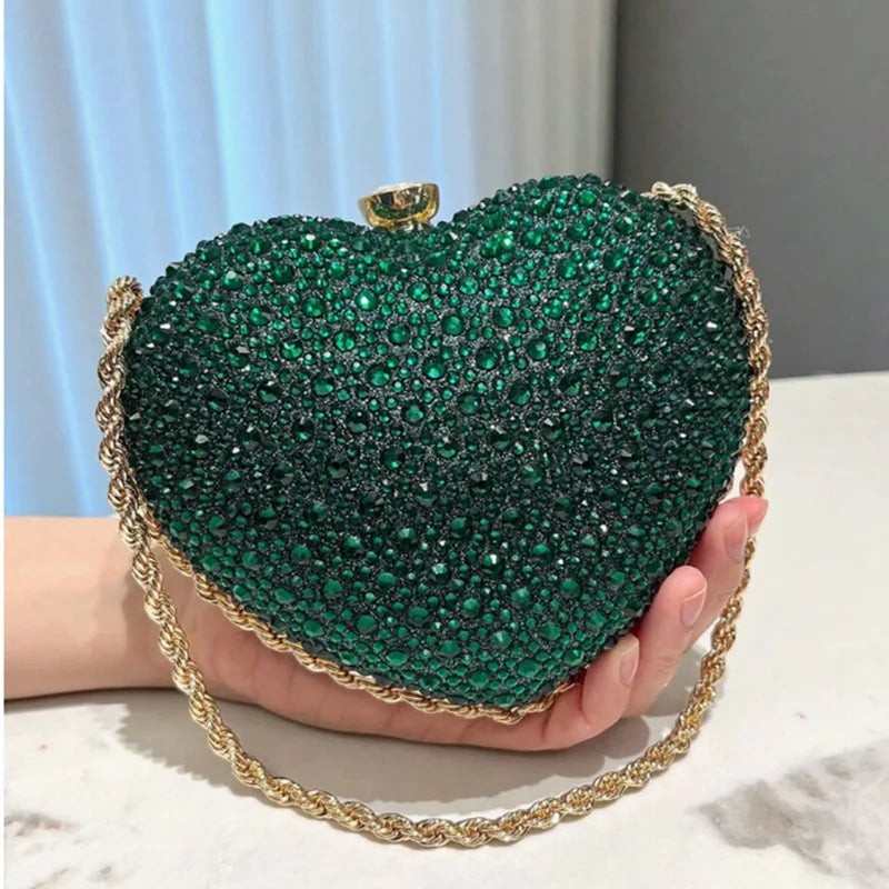 Luxury Diamond Inlay Heart-Shaped Clutch | Sparkling Crystal Wedding & Party Purse | High-End Rhinestone Evening Shoulder Bag | Designer Beaded Messenger Bag for Women Luxegan