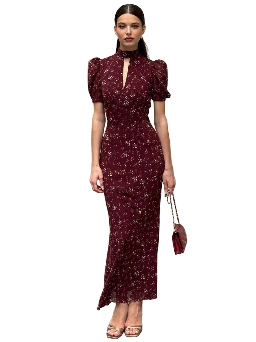  Hollow-Out Print Floor-Length Dress | O-Neck Short Sleeve High Waist Maxi Dress Luxegan