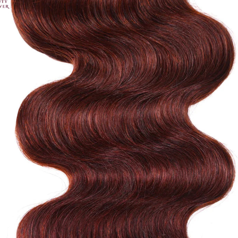 Grade 12A Reddish Brown Human Hair Bundles with Closure | Premium Brazilian Body Wave 3 Bundles with 4x4 Lace Closure | Luxury Colored Remy Human Hair Extensions | Safe to Perm Standard 4-Piece Complete Hair Matrix Luxegan