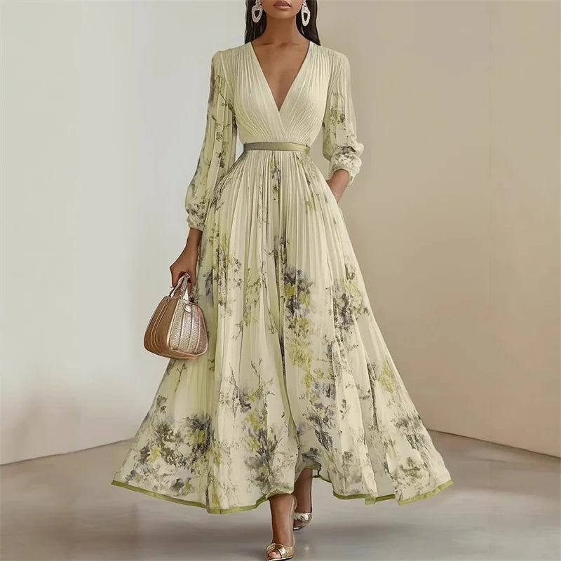 Women's Elegant Spring Summer Maxi Holiday Dress | Sexy V-Neck Printed Long Sleeve Big Swing Gown | Bohemian Slim Fit Ankle-Length A-Line Dress | Premium Tatting Non-Stretch Luxegan