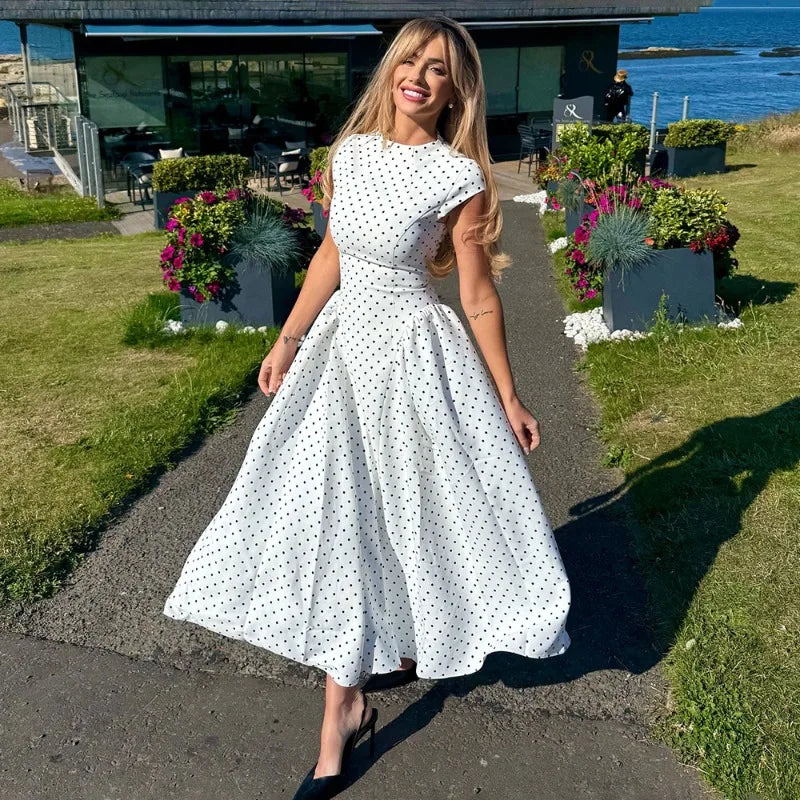 Elegant Polka Dot Fit-and-Flare Maxi Dress Luxegan