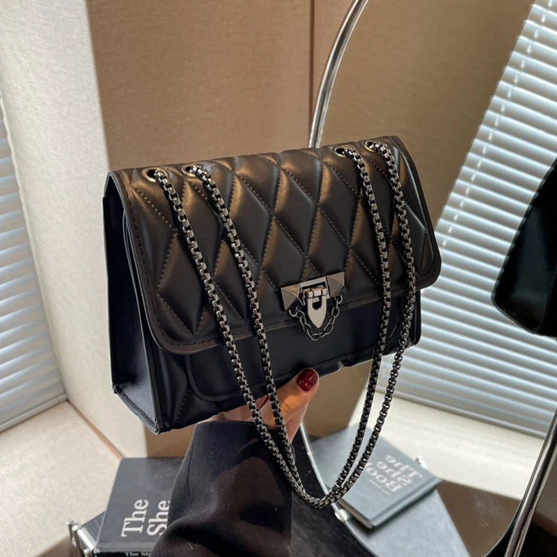 Fashionable Embossed Square Crossbody Bag | Diamond Pattern & Metal Chain Handbag Luxegan