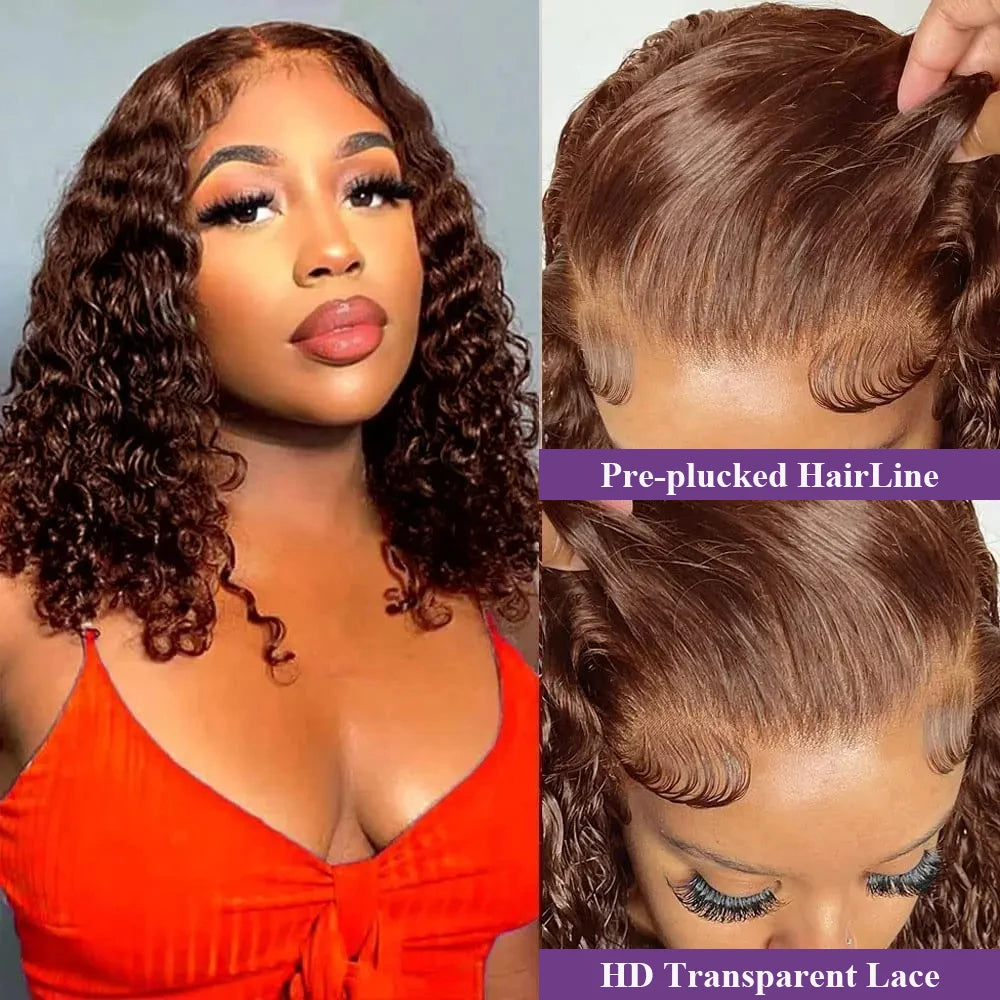 Chocolate Brown Wet and Wavy Short Bob Wig - 13x4 Transparent Lace Frontal Human Hair Wig - Pre-Plucked & Bleached Knots Deep Wave Remy Curly Wig for Women (10-16 Inch, #4 Color) Luxegan