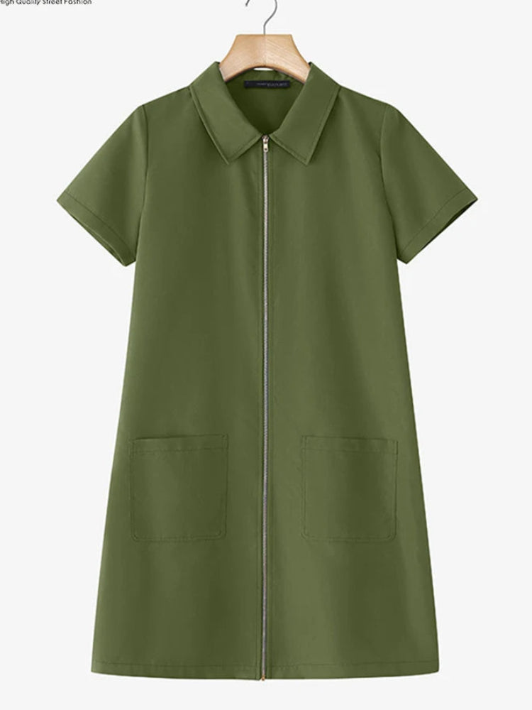Lapel Collar Shirt Mini Dress | Short Sleeve A-Line Shirtdress with Pockets Luxegan