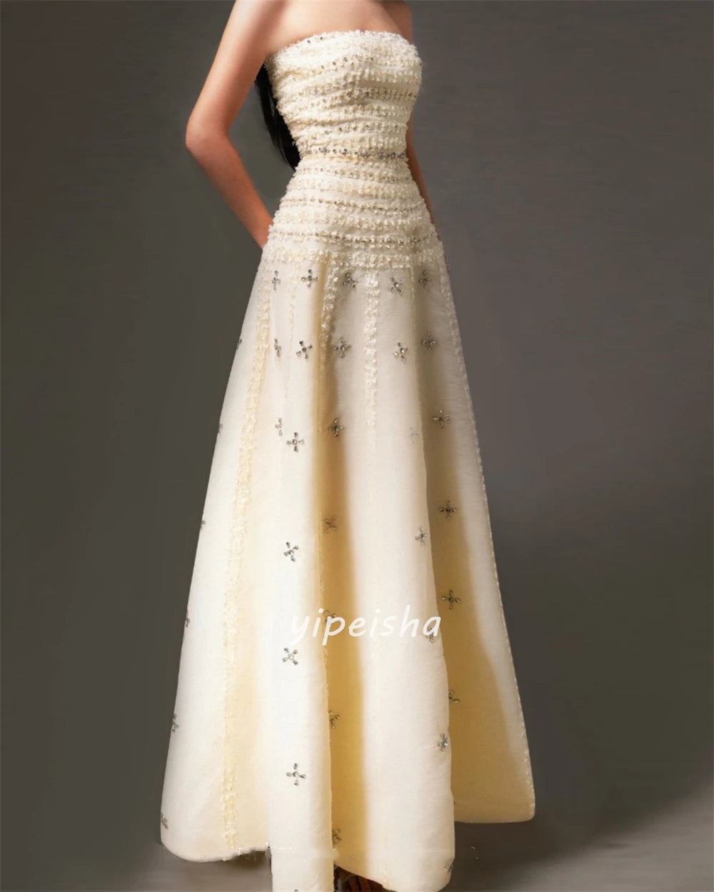 Rhinestone Ruched Jersey Evening Gown | Modern Strapless A-Line Prom Dress | Sequined Floor-Length Custom Special Occasion Dress Luxegan