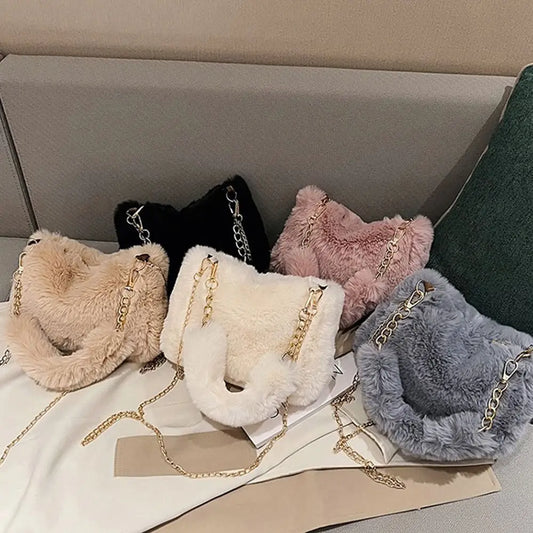 Fashion Women’s Fluffy Shoulder Bag | Sophisticated Winter Plush Underarm Bag | Elegant Solid Color Handbag with Chain Detail | Soft Handle Bag for Parties and Social Events Luxegan
