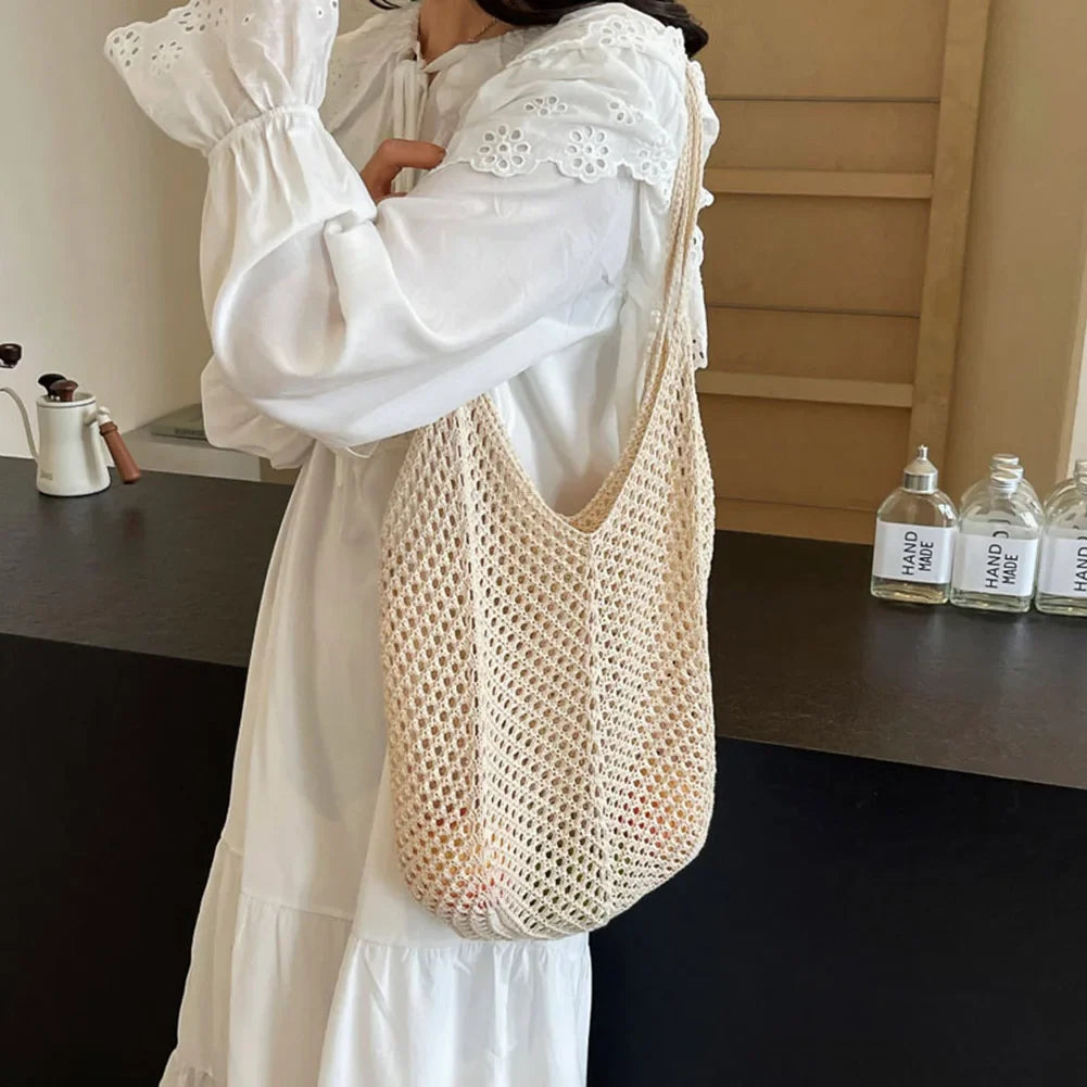 Fashionable Women’s Open-Weave Shoulder Bag | Large Capacity Knitted Underarm Bag | Minimalist Crochet Handbag | Summer Mesh Beach Bag for Vacation & Leisure Luxegan