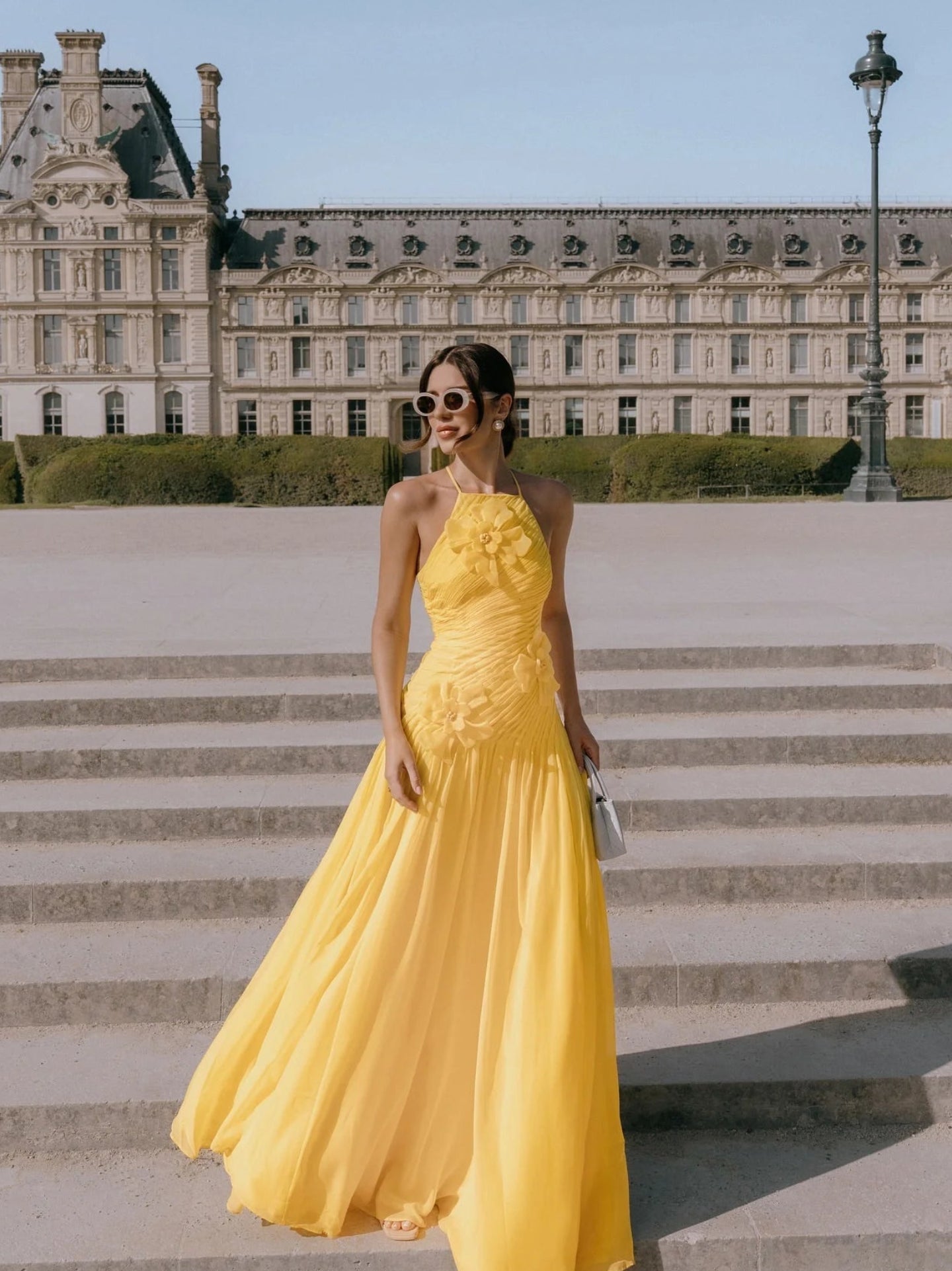 Women's Halter Neck Evening Dress | Handmade Pleated Yellow Chiffon Gown | Elegant A-Line Floor-Length Prom Dress | Premium Sleeveless Formal Occasion Robe Model sxy25091208