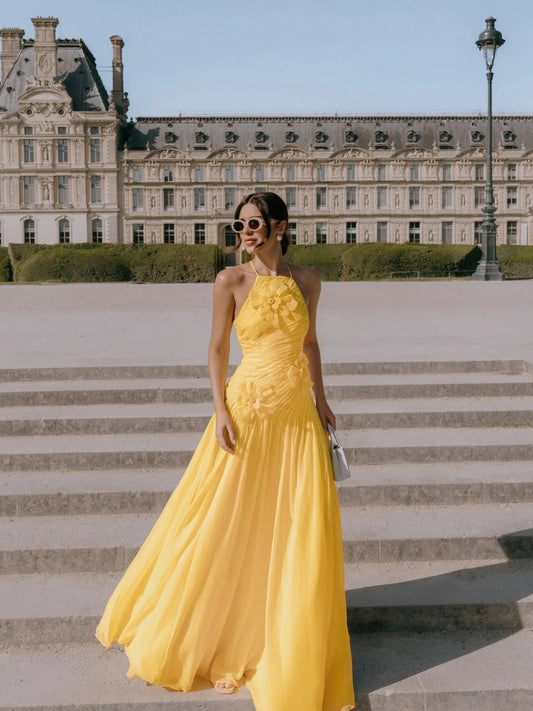 Women's Halter Neck Evening Dress | Handmade Pleated Yellow Chiffon Gown | Elegant A-Line Floor-Length Prom Dress | Premium Sleeveless Formal Occasion Robe Model sxy25091208