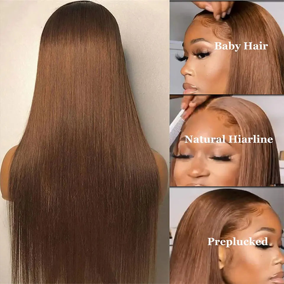 #4 Chestnut Brown Straight Lace Front Wig | 13x4 & 13x6 Transparent Swiss Lace Frontal Wig | 150% & 180% Density 100% Brazilian Remy Human Hair Long Closure Wig for Women (26+ Inch) Luxegan