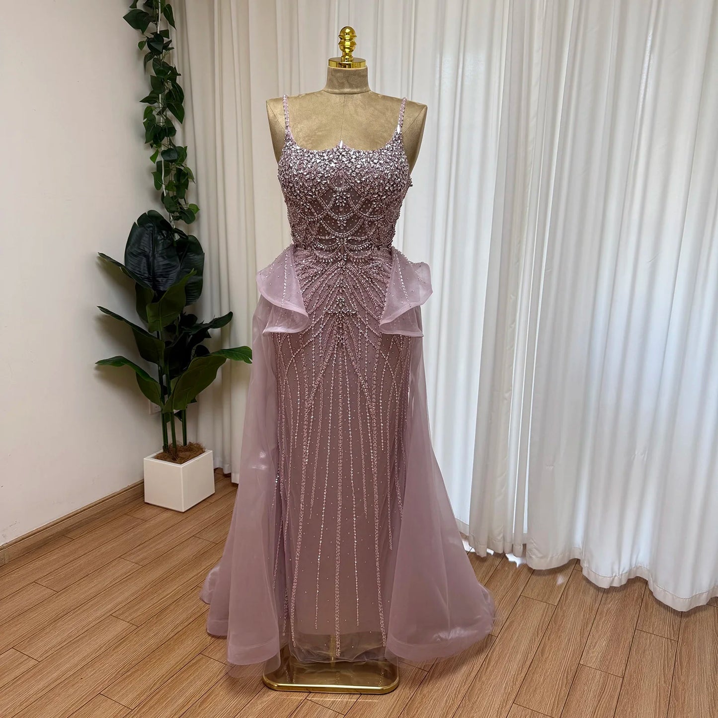 Luxury Beaded Mermaid Evening Dress with Detachable Overlay | Spaghetti-Strap Sweetheart Prom Gown | Crystal Sequined Floor-Length Formal Wedding Party Dress Luxegan