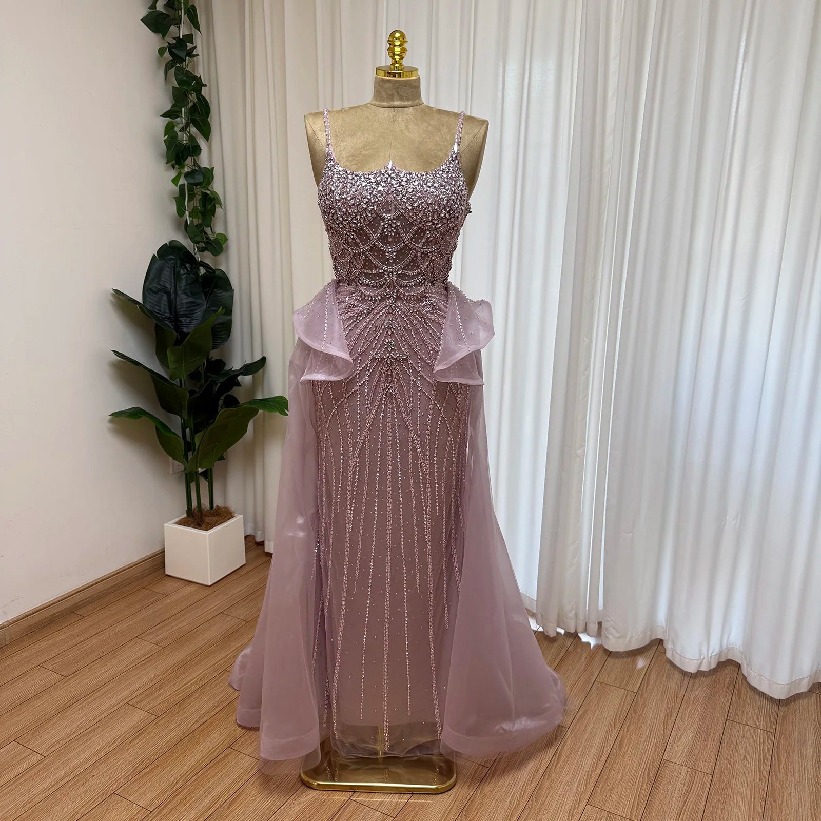 Luxury Beaded Mermaid Evening Dress with Detachable Overlay | Spaghetti-Strap Sweetheart Prom Gown | Crystal Sequined Floor-Length Formal Wedding Party Dress Luxegan