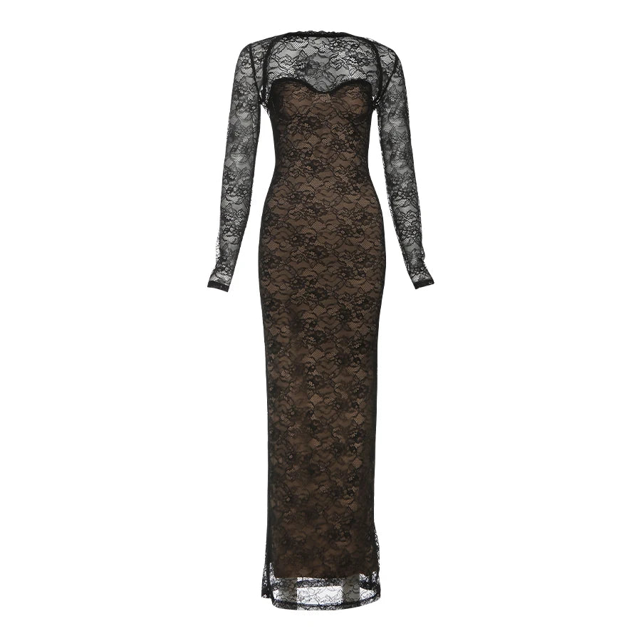 Nibber Coquett Low-Neck Maxi Dress+Lace Full Sleeve Crop tops Women Jacquard Sexy Prom Party Midnight Classic Fashion Vestidos