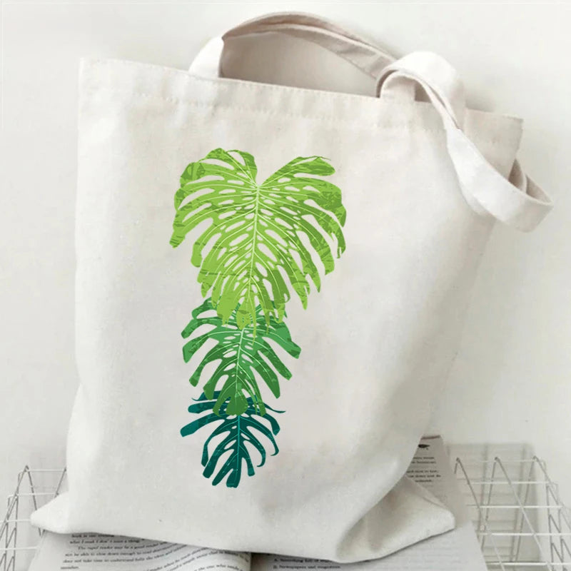 Monstera Plant Print Canvas Shopping Bag | Unisex Casual Large Capacity Shoulder Bag | Eco-friendly Reusable Grocery Shopper Tote