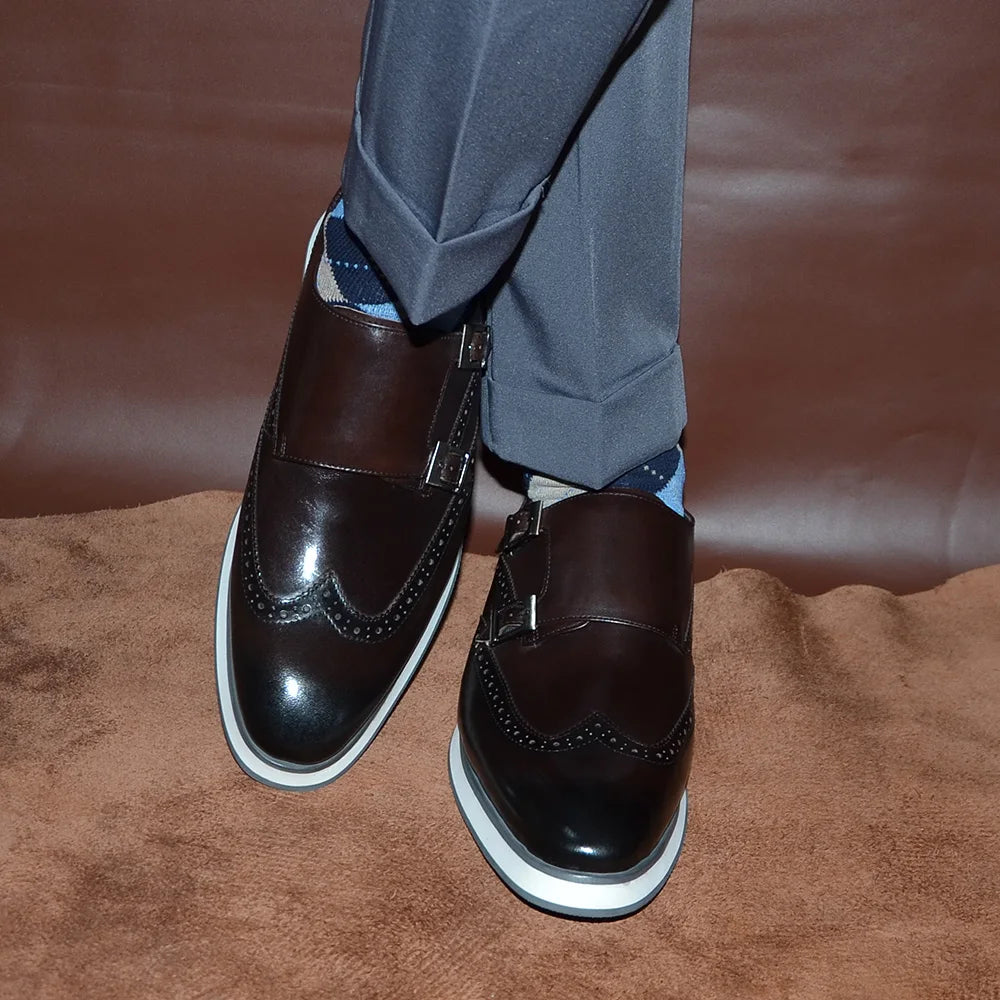 Classic European Luxury Monk Strap Sneakers | Sophisticated Double Buckle Wingtip Brogue | Elegant "Genuine Cow Leather & Suede" Silhouette | "Dignified" Sheepskin Insole & Non-Slip Rubber for Radiant Versatile Styling Luxegan