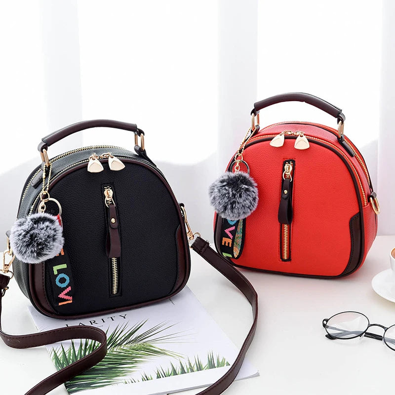 Luxury PU Leather Women's Small Tote Bag | Fashionable Fur Ball Pendant & Crossbody Bag Luxegan