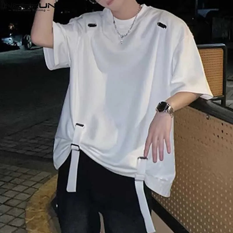 Loose Metal Design Strap T-Shirt | Sophisticated O-Neck Half-Sleeve Silhouette | Elegant "City Walk" Casual Camiseta | "Dignified" Solid Broadcloth Top for Radiant Versatile Styling Luxegan