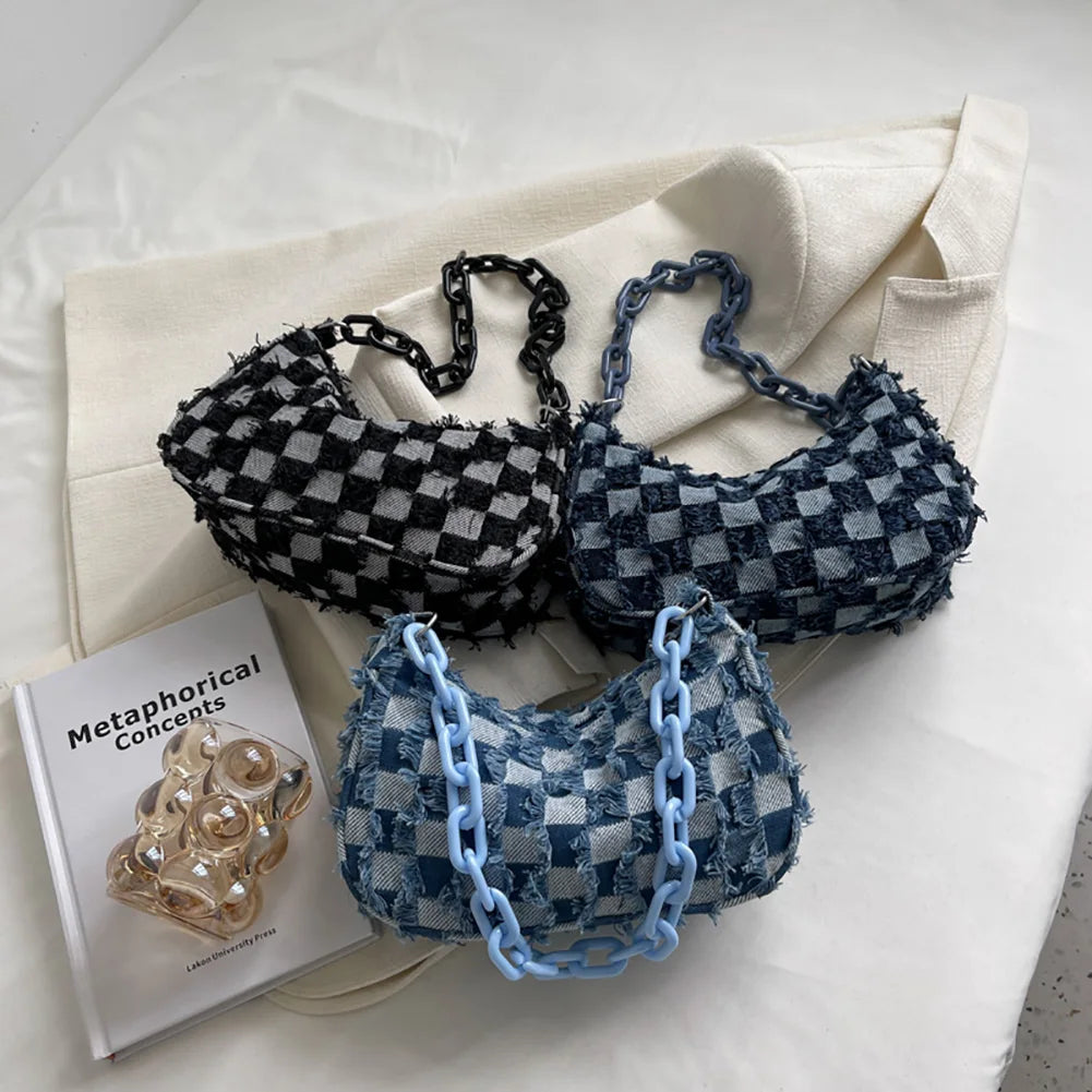 Vintage Women's Casual Shoulder & Underarm Bag | Plaid Pattern Denim Small Purse (Ladies Chain Leisure Handbag, Hobo Style) Luxegan