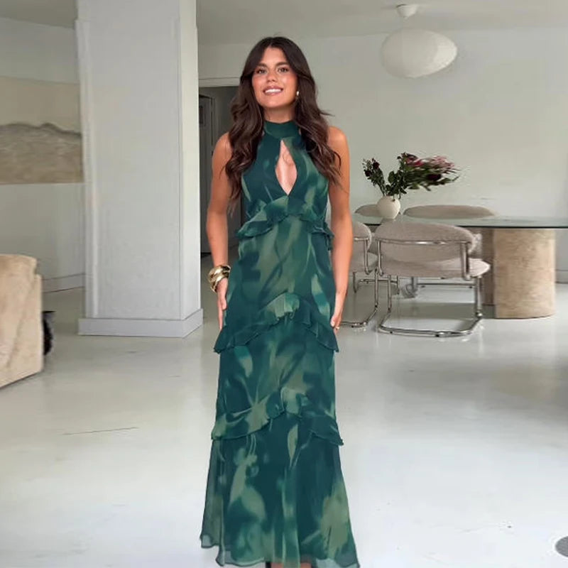 Hollow-Out Halter Backless Ruffle Maxi Dress | Sleeveless Waist-Cinching Party Evening Gown Luxegan