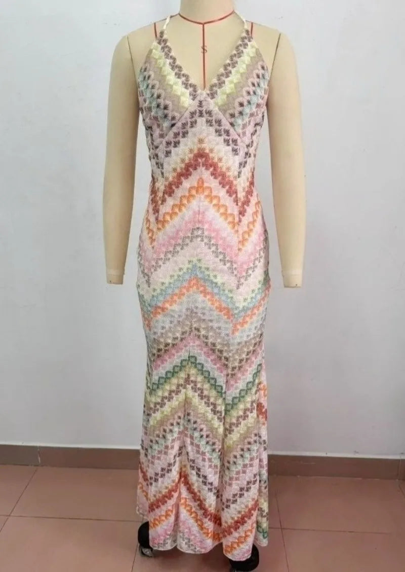 Geometric V-Neck Sleeveless Backless Regular Fit A-Line Floor-Length Dress – Natural Waist, Summer Luxegan