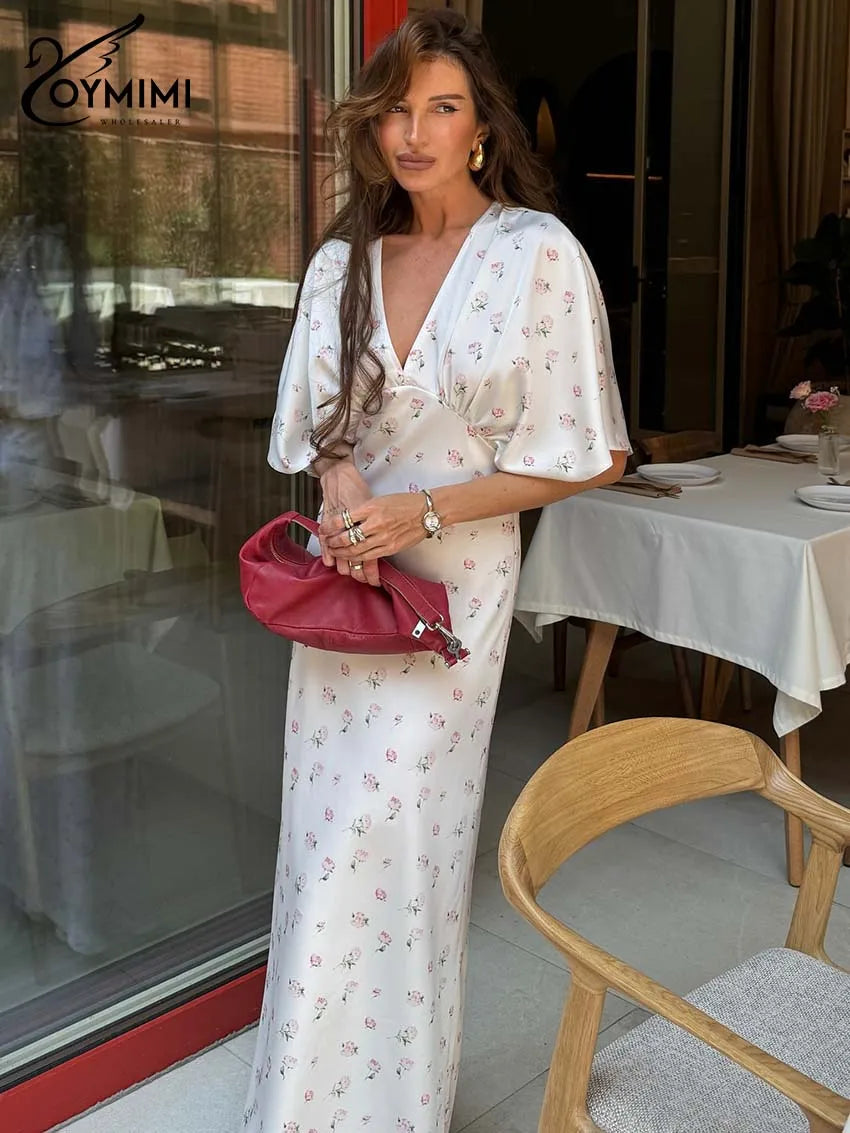 Print Casual V-Neck Half-Sleeve Batwing Slim Straight Floor-Length Dress – Non-Stretch Woven Polyester, Empire Waist, Spring/Autumn Luxegan