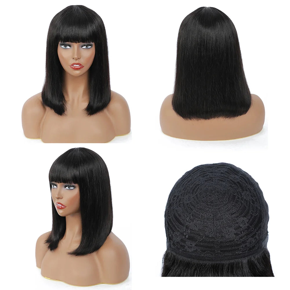 Sleek Bone Straight Short Bob Human Hair Wig with Bangs | Glueless Full Machine-Made Brazilian Remy Human Hair Wig | Classic Fringe Bob for Women (8-14 Inch, Natural Color / #99J Burgundy / Warm Brown) Luxegan