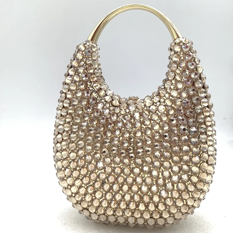 Lady Crystal Diamond Evening Clutch | Shimmering Rhinestone Bridal Handbag | Luxury Metallic Wedding Party Purse | Elegant Hard-Shell Minaudière with Chain Strap Luxegan