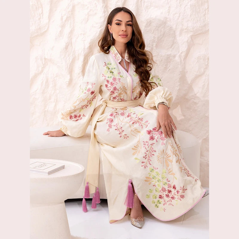 Print & Solid Stand Collar Full-Length Lantern Sleeve Tassel Detail Regular Fit A-Line Ankle-Length Dress – Empire Waist, Spring/Summer Luxegan