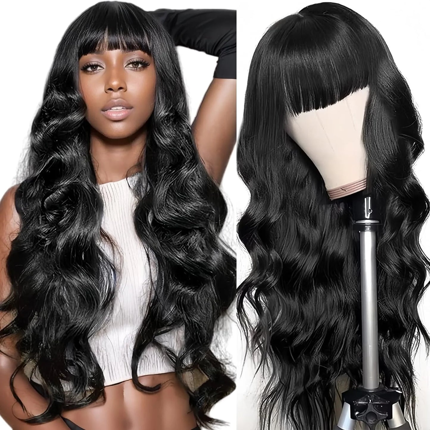 12A Grade Peruvian Body Wave Human Hair Wig with Bangs | Fully Machine-Made Glueless Fringe Wig | Premium Remy Human Hair Clearance Sale Wig for Women Luxegan