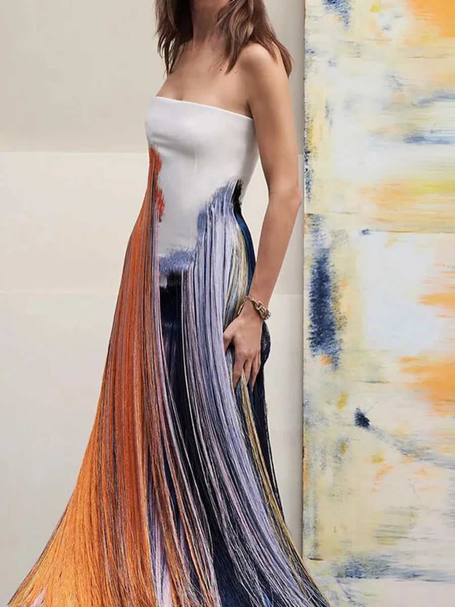 Women's Temperament Print Tube Top Maxi Dress | Sexy Strapless Backless Split Long Dress | Elegant High-Waist Summer Party Dress | Premium Tatting Regular Fit Ankle-Length Straight Gown Model 52137 Luxegan